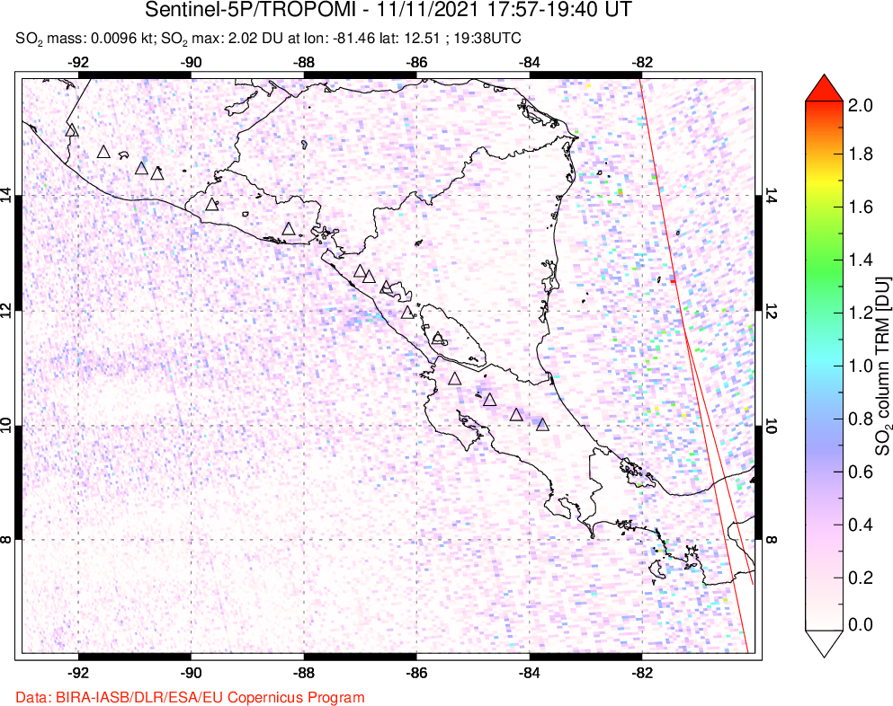 A sulfur dioxide image over Central America on Nov 11, 2021.