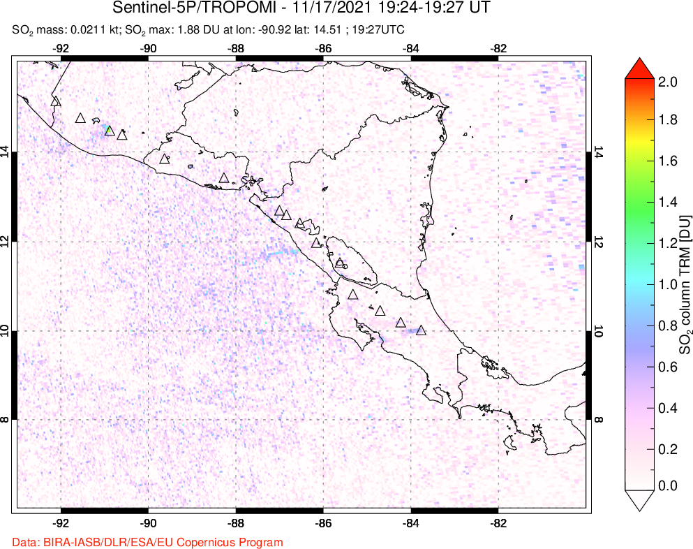 A sulfur dioxide image over Central America on Nov 17, 2021.