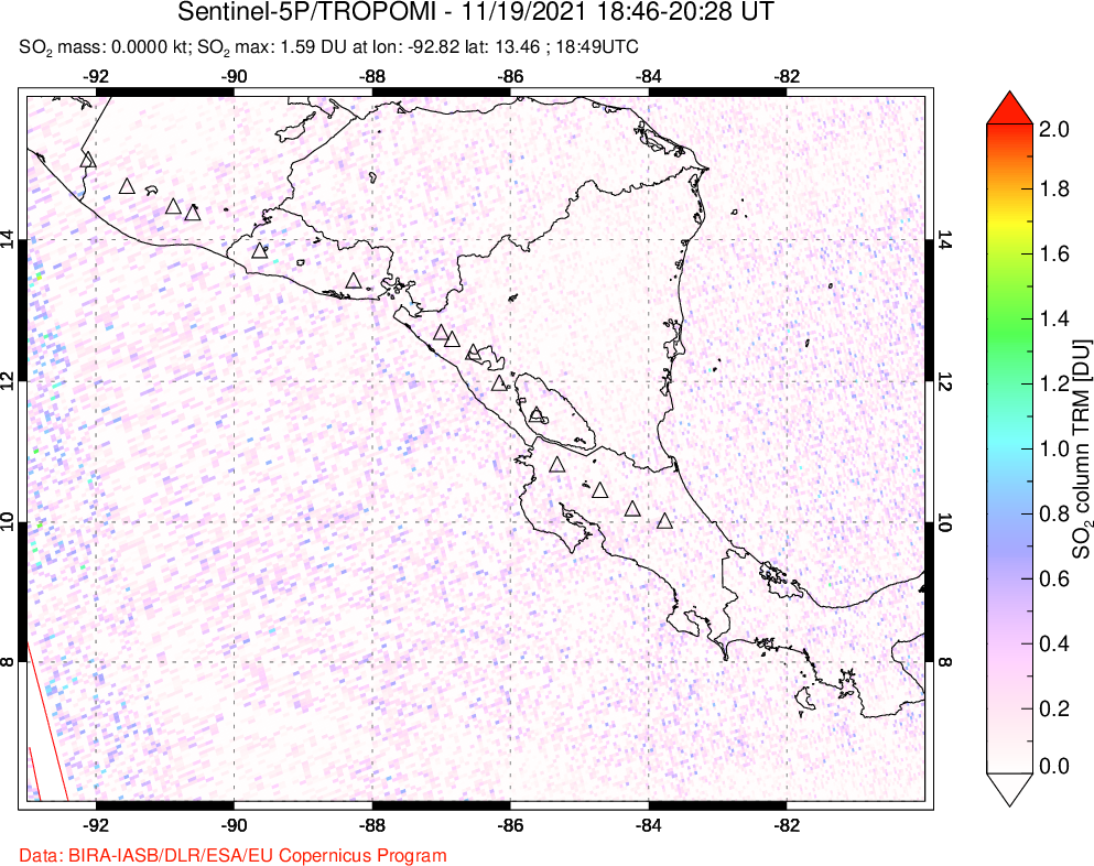 A sulfur dioxide image over Central America on Nov 19, 2021.