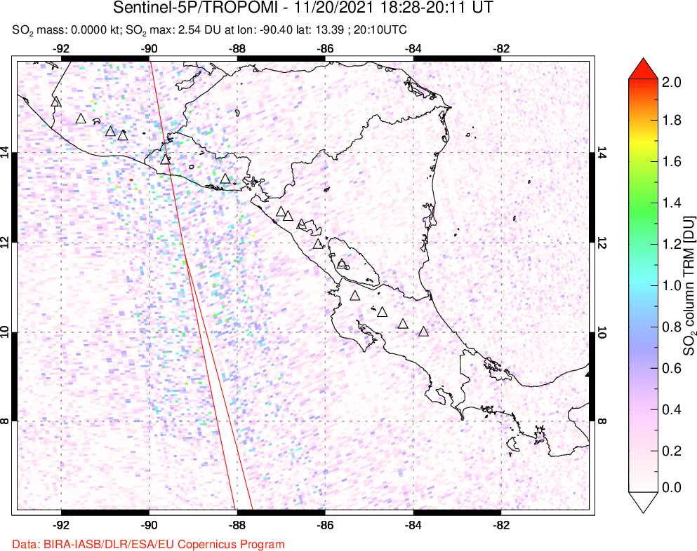 A sulfur dioxide image over Central America on Nov 20, 2021.