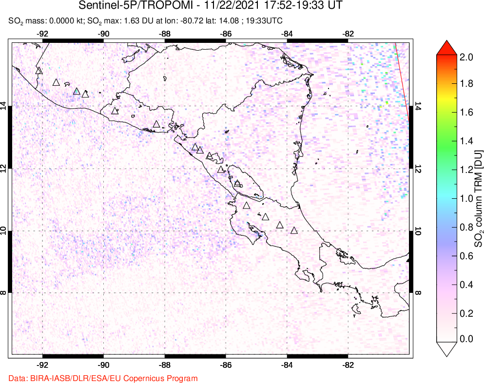A sulfur dioxide image over Central America on Nov 22, 2021.