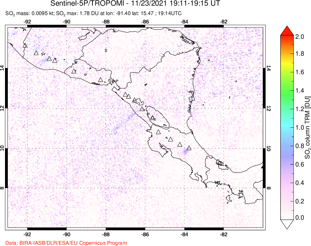 A sulfur dioxide image over Central America on Nov 23, 2021.