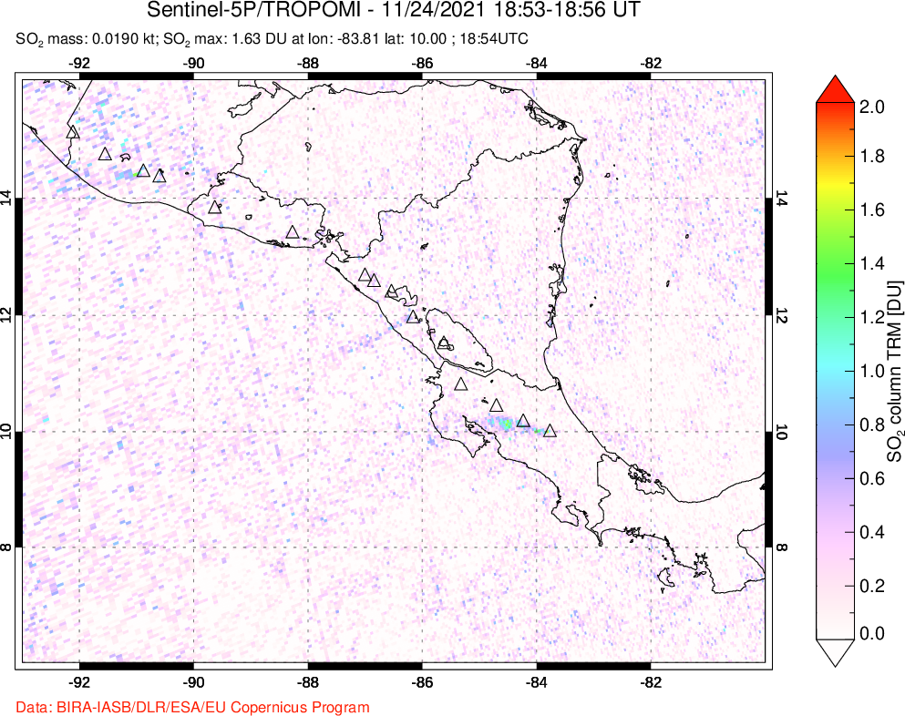 A sulfur dioxide image over Central America on Nov 24, 2021.