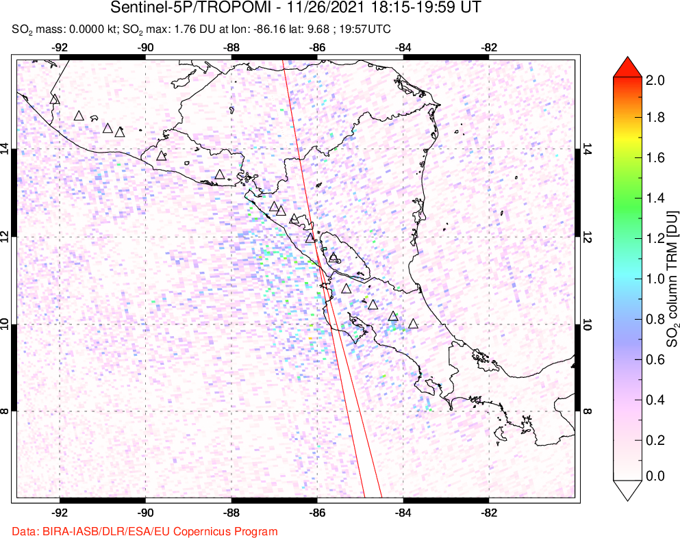 A sulfur dioxide image over Central America on Nov 26, 2021.