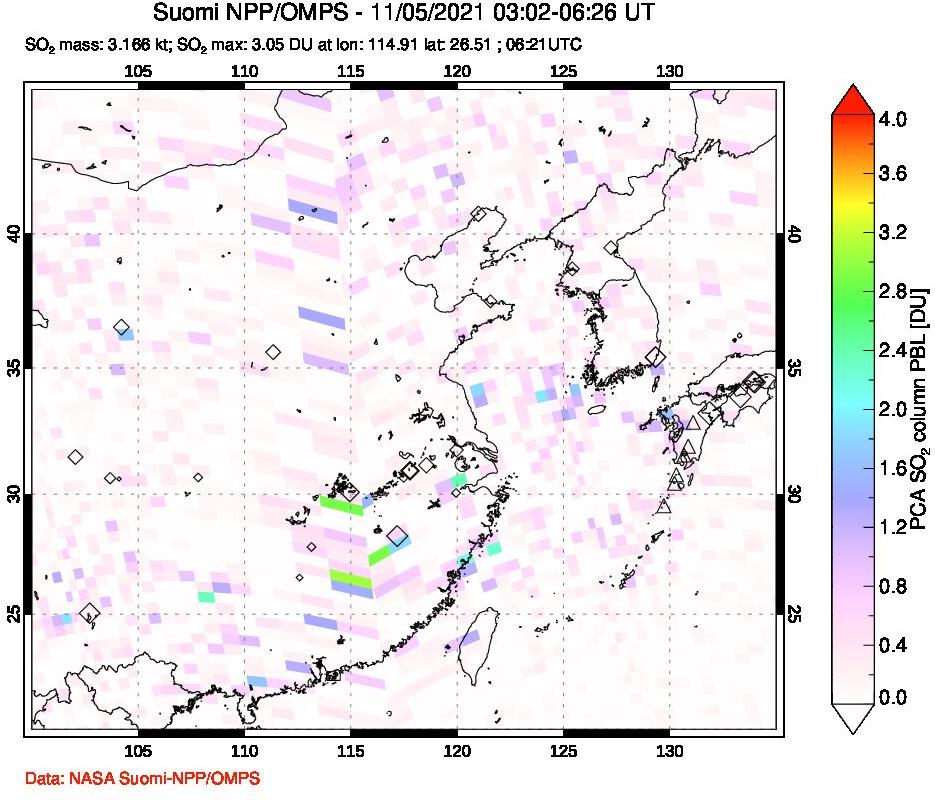 A sulfur dioxide image over Eastern China on Nov 05, 2021.