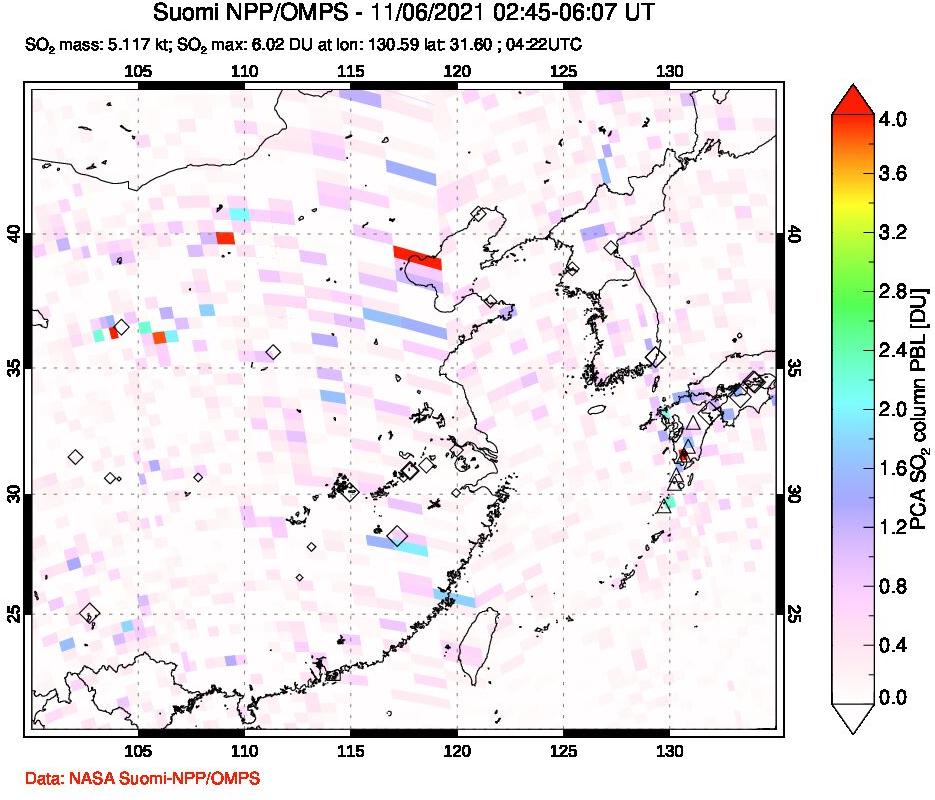 A sulfur dioxide image over Eastern China on Nov 06, 2021.