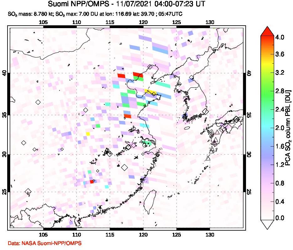 A sulfur dioxide image over Eastern China on Nov 07, 2021.
