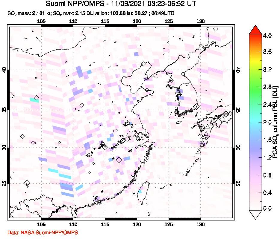 A sulfur dioxide image over Eastern China on Nov 09, 2021.