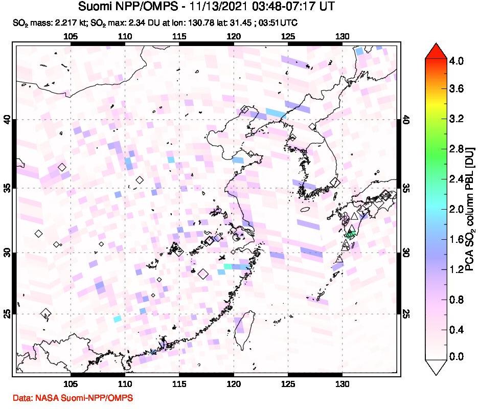 A sulfur dioxide image over Eastern China on Nov 13, 2021.