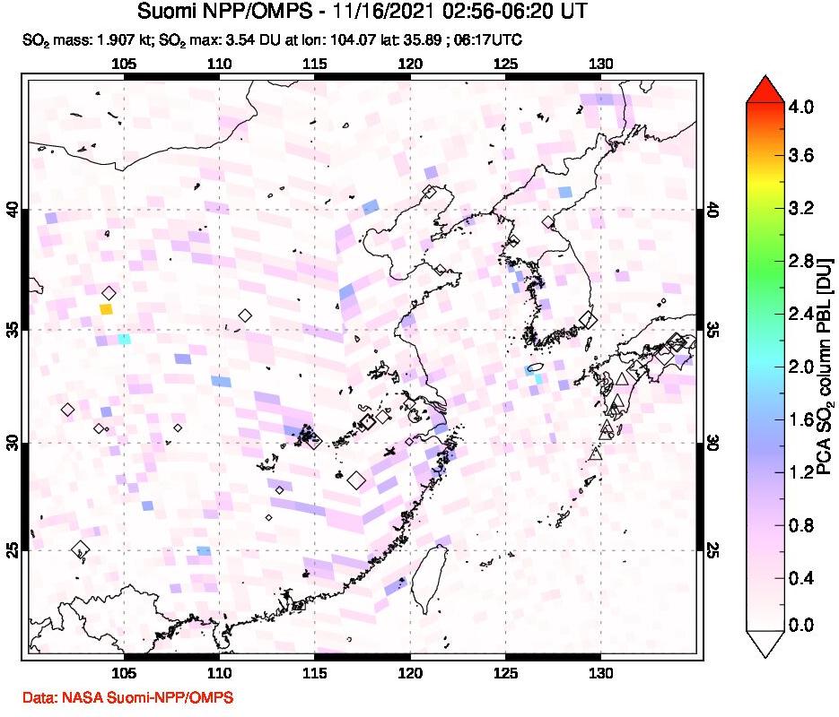 A sulfur dioxide image over Eastern China on Nov 16, 2021.