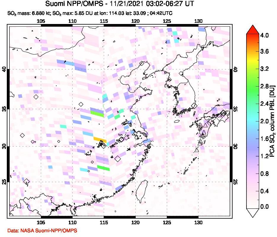 A sulfur dioxide image over Eastern China on Nov 21, 2021.