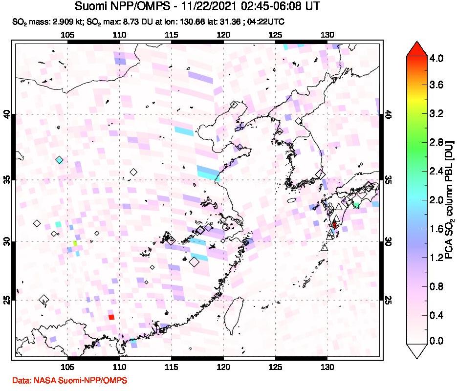 A sulfur dioxide image over Eastern China on Nov 22, 2021.