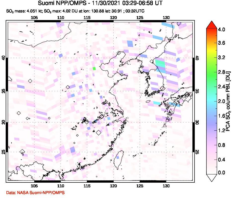 A sulfur dioxide image over Eastern China on Nov 30, 2021.