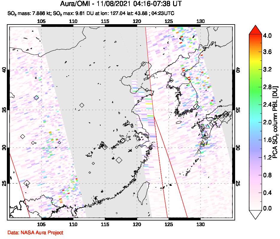 A sulfur dioxide image over Eastern China on Nov 08, 2021.