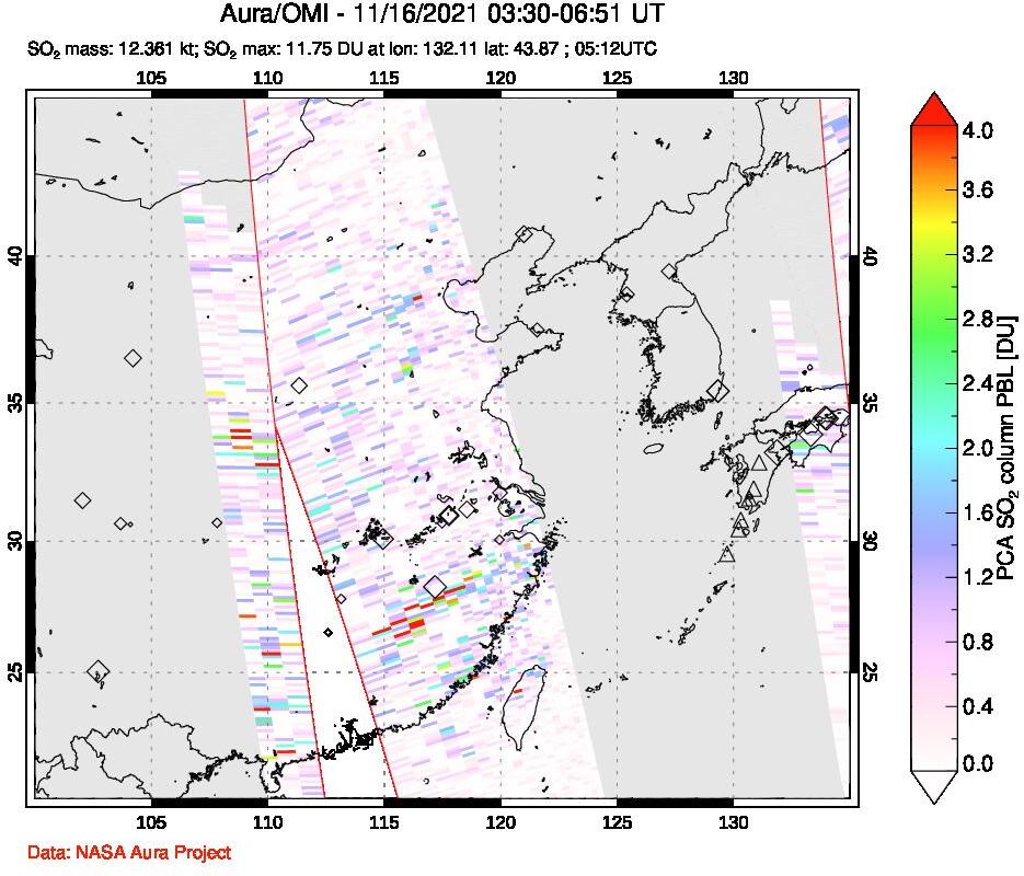 A sulfur dioxide image over Eastern China on Nov 16, 2021.