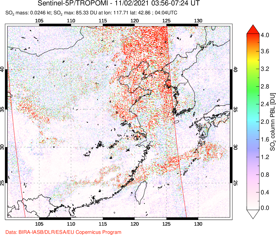 A sulfur dioxide image over Eastern China on Nov 02, 2021.