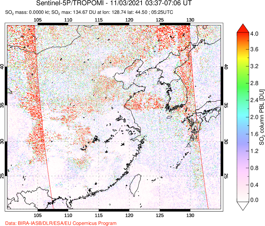 A sulfur dioxide image over Eastern China on Nov 03, 2021.