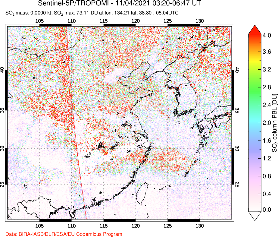 A sulfur dioxide image over Eastern China on Nov 04, 2021.