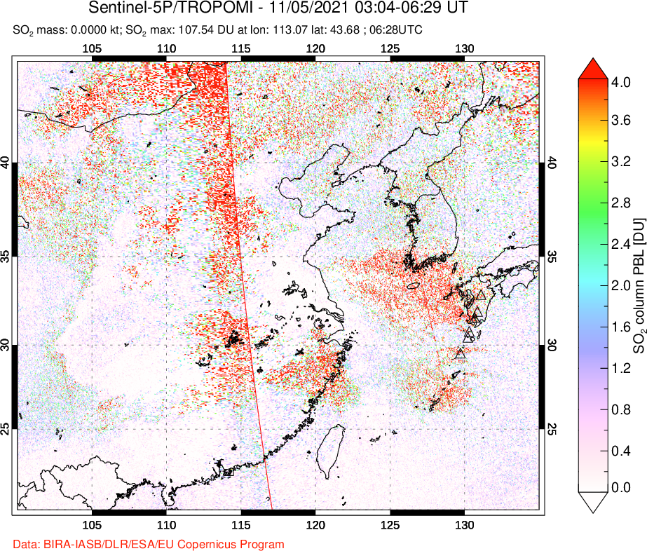 A sulfur dioxide image over Eastern China on Nov 05, 2021.