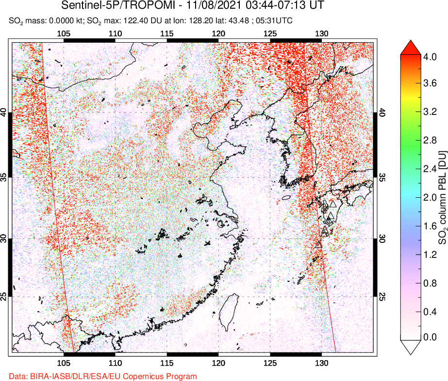 A sulfur dioxide image over Eastern China on Nov 08, 2021.
