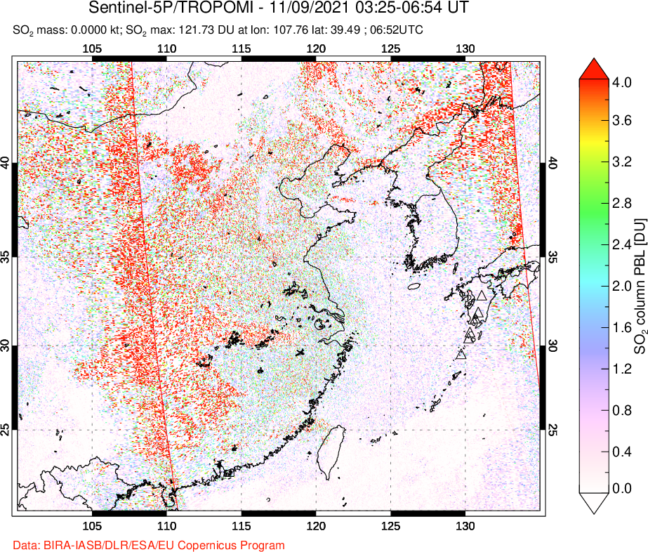 A sulfur dioxide image over Eastern China on Nov 09, 2021.