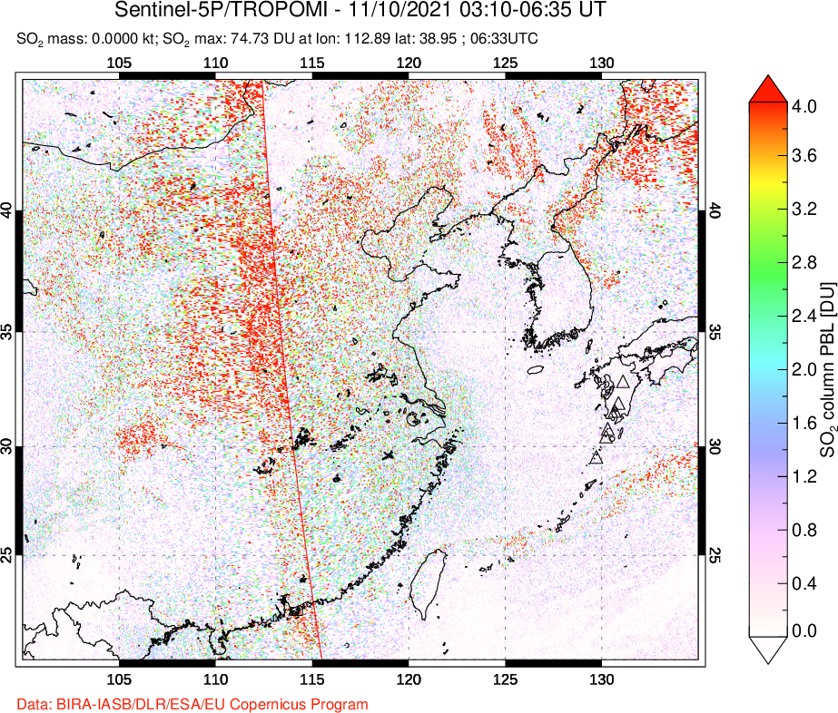 A sulfur dioxide image over Eastern China on Nov 10, 2021.