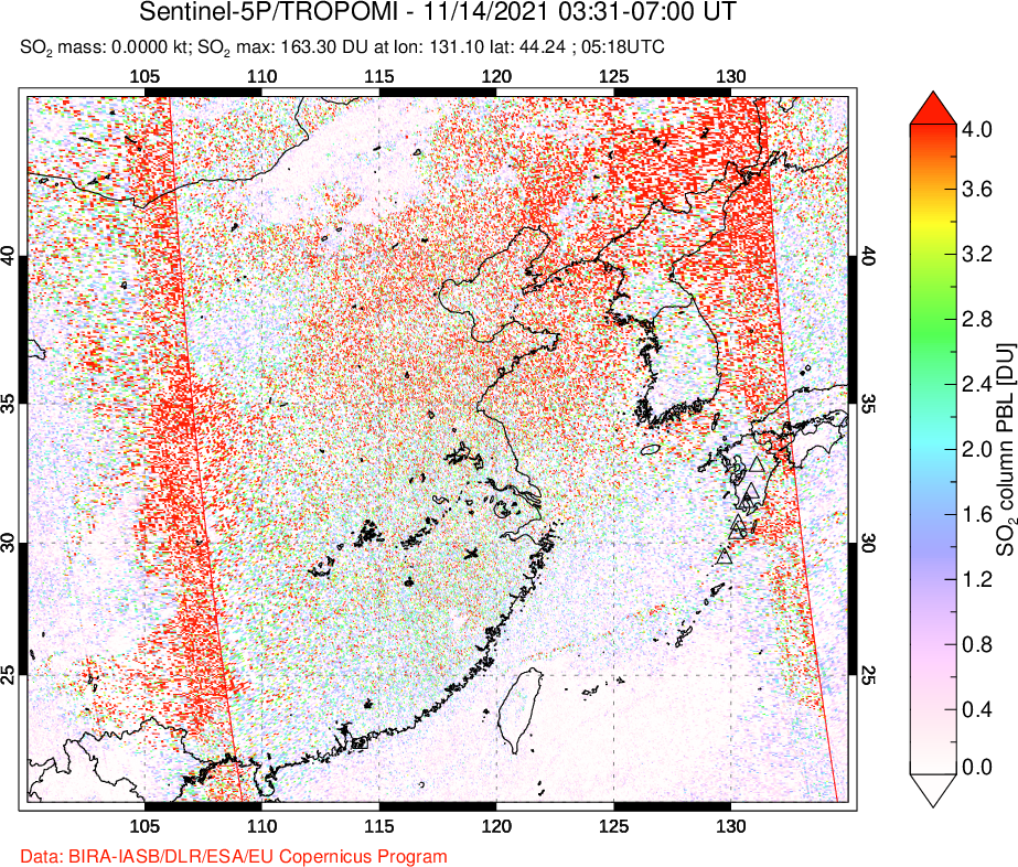 A sulfur dioxide image over Eastern China on Nov 14, 2021.