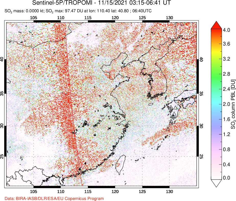 A sulfur dioxide image over Eastern China on Nov 15, 2021.