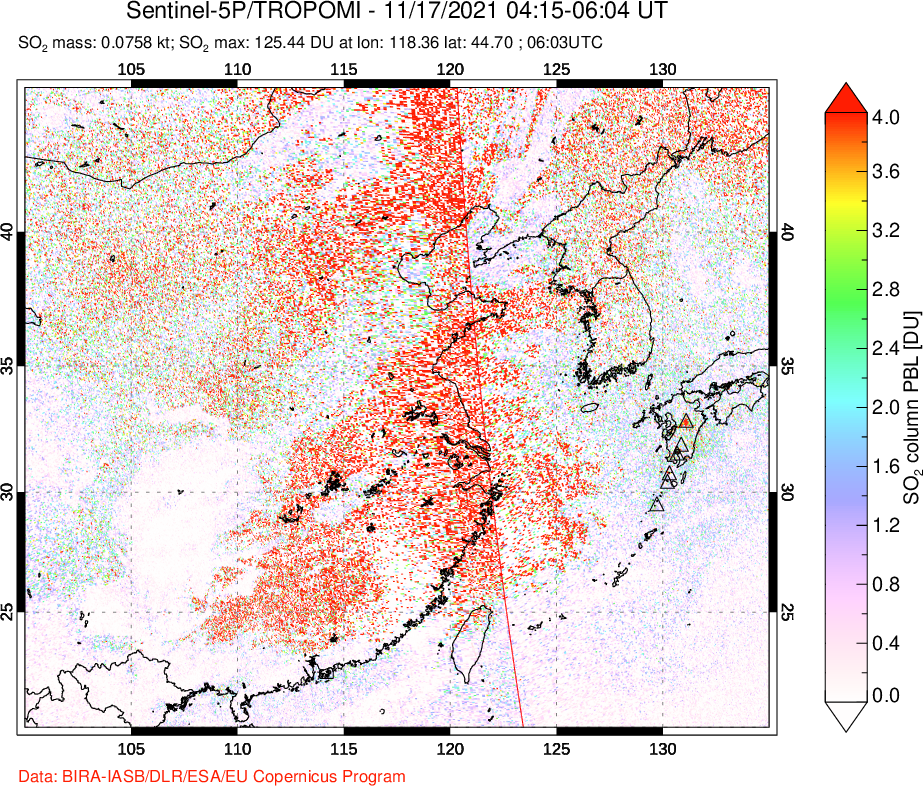 A sulfur dioxide image over Eastern China on Nov 17, 2021.