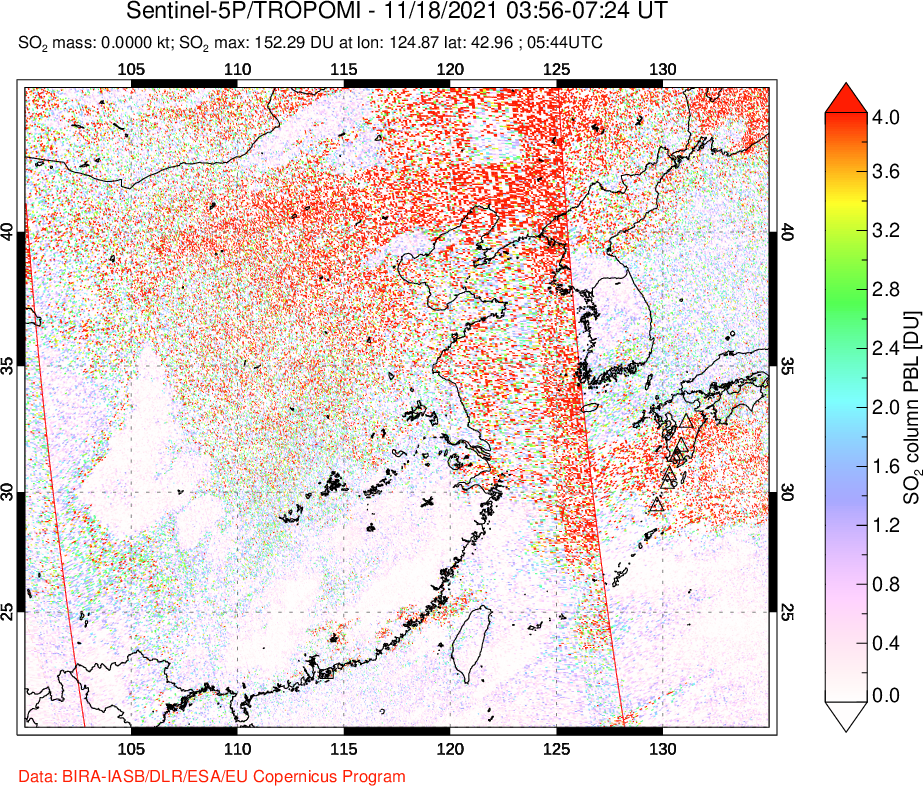 A sulfur dioxide image over Eastern China on Nov 18, 2021.