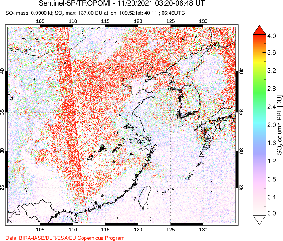 A sulfur dioxide image over Eastern China on Nov 20, 2021.