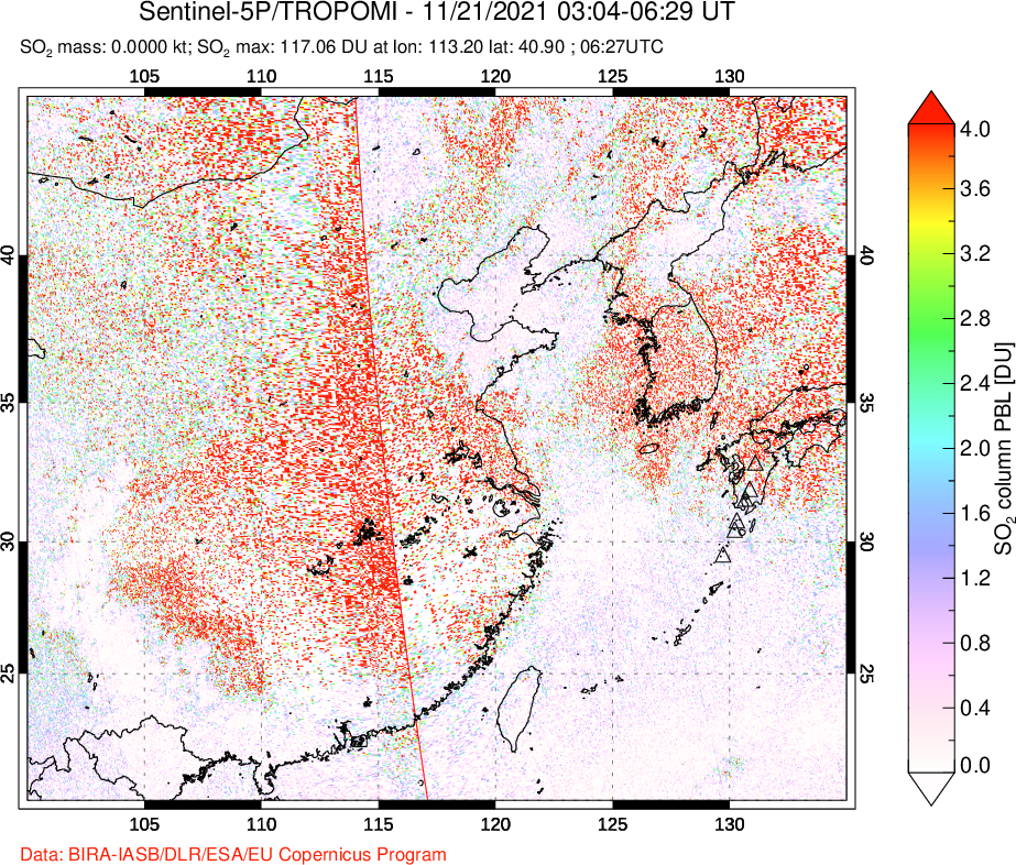 A sulfur dioxide image over Eastern China on Nov 21, 2021.