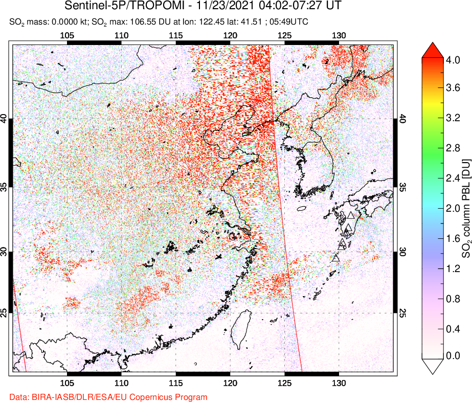 A sulfur dioxide image over Eastern China on Nov 23, 2021.