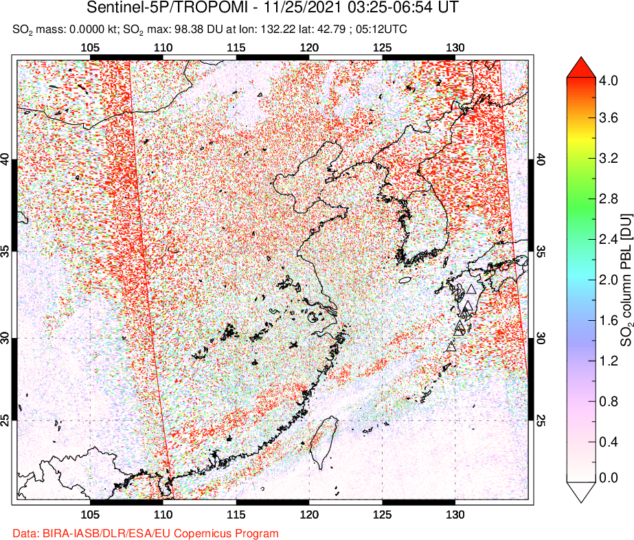 A sulfur dioxide image over Eastern China on Nov 25, 2021.
