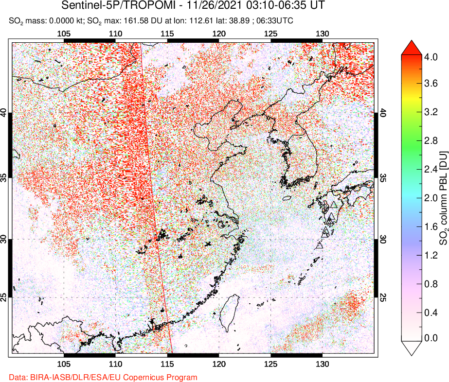 A sulfur dioxide image over Eastern China on Nov 26, 2021.