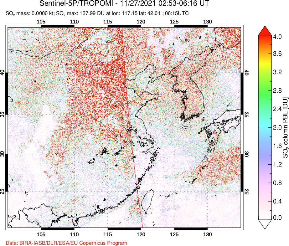 A sulfur dioxide image over Eastern China on Nov 27, 2021.