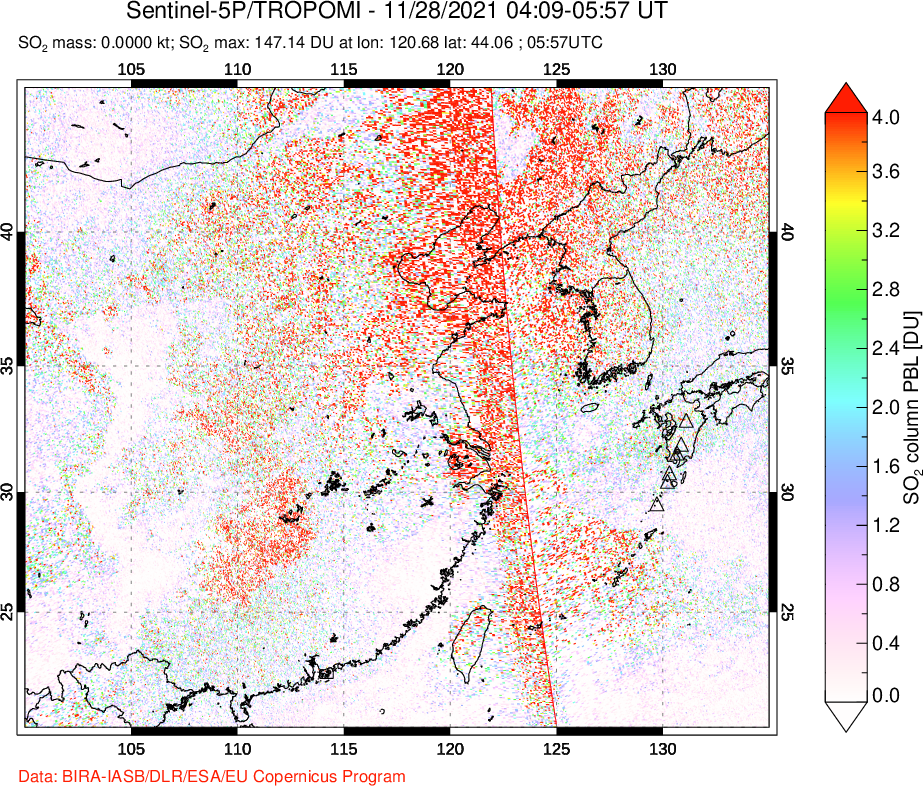 A sulfur dioxide image over Eastern China on Nov 28, 2021.
