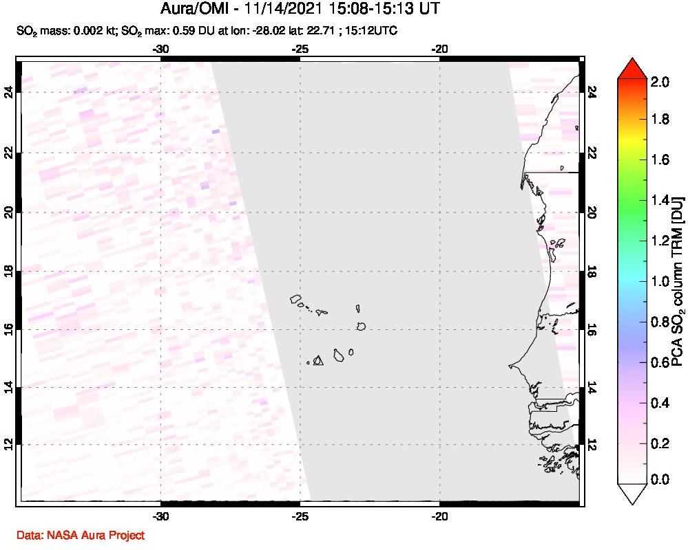 A sulfur dioxide image over Cape Verde Islands on Nov 14, 2021.