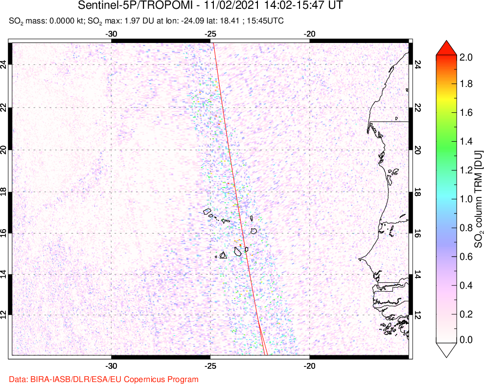 A sulfur dioxide image over Cape Verde Islands on Nov 02, 2021.