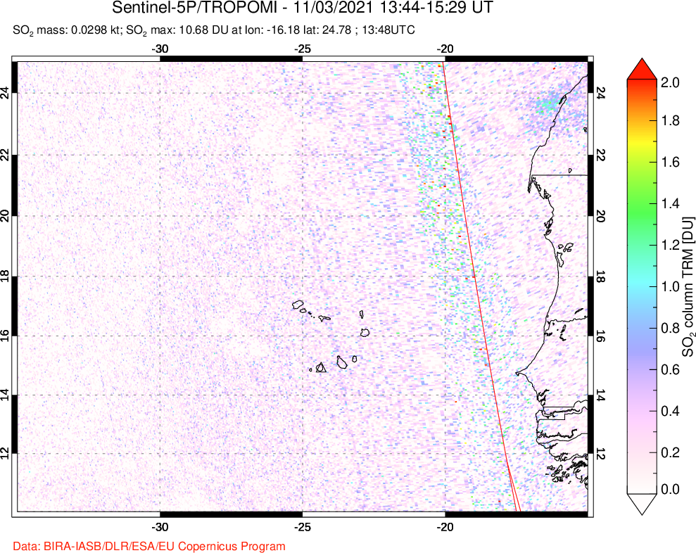 A sulfur dioxide image over Cape Verde Islands on Nov 03, 2021.