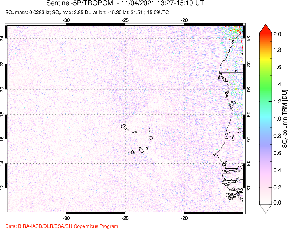 A sulfur dioxide image over Cape Verde Islands on Nov 04, 2021.
