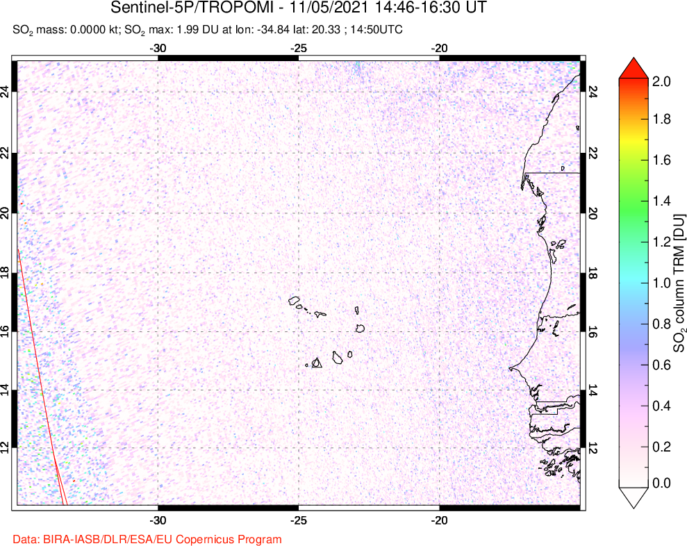 A sulfur dioxide image over Cape Verde Islands on Nov 05, 2021.