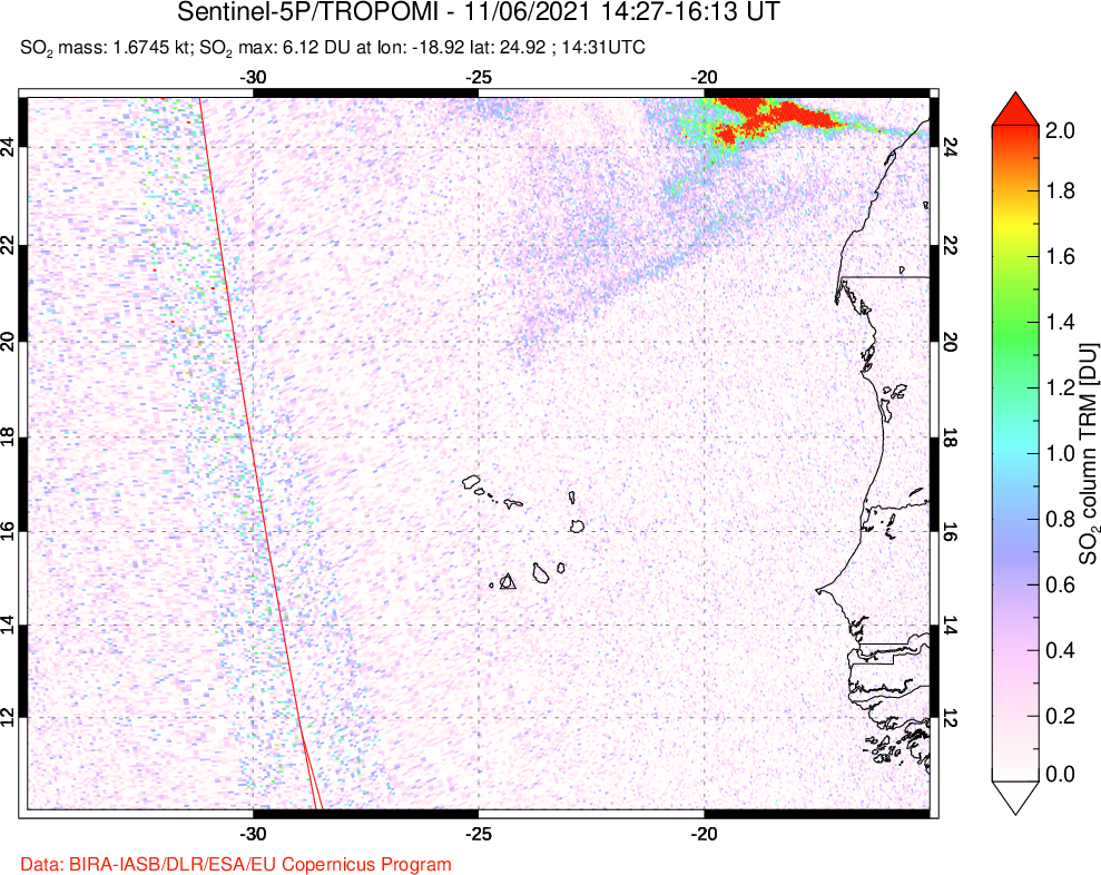 A sulfur dioxide image over Cape Verde Islands on Nov 06, 2021.