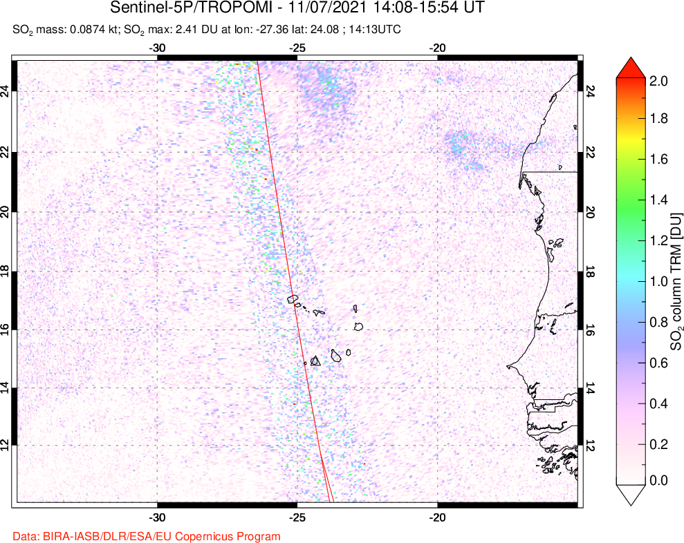A sulfur dioxide image over Cape Verde Islands on Nov 07, 2021.