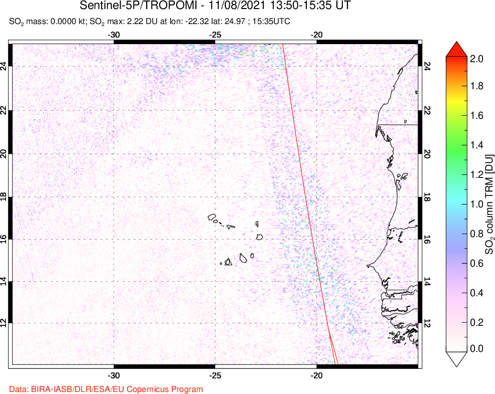 A sulfur dioxide image over Cape Verde Islands on Nov 08, 2021.