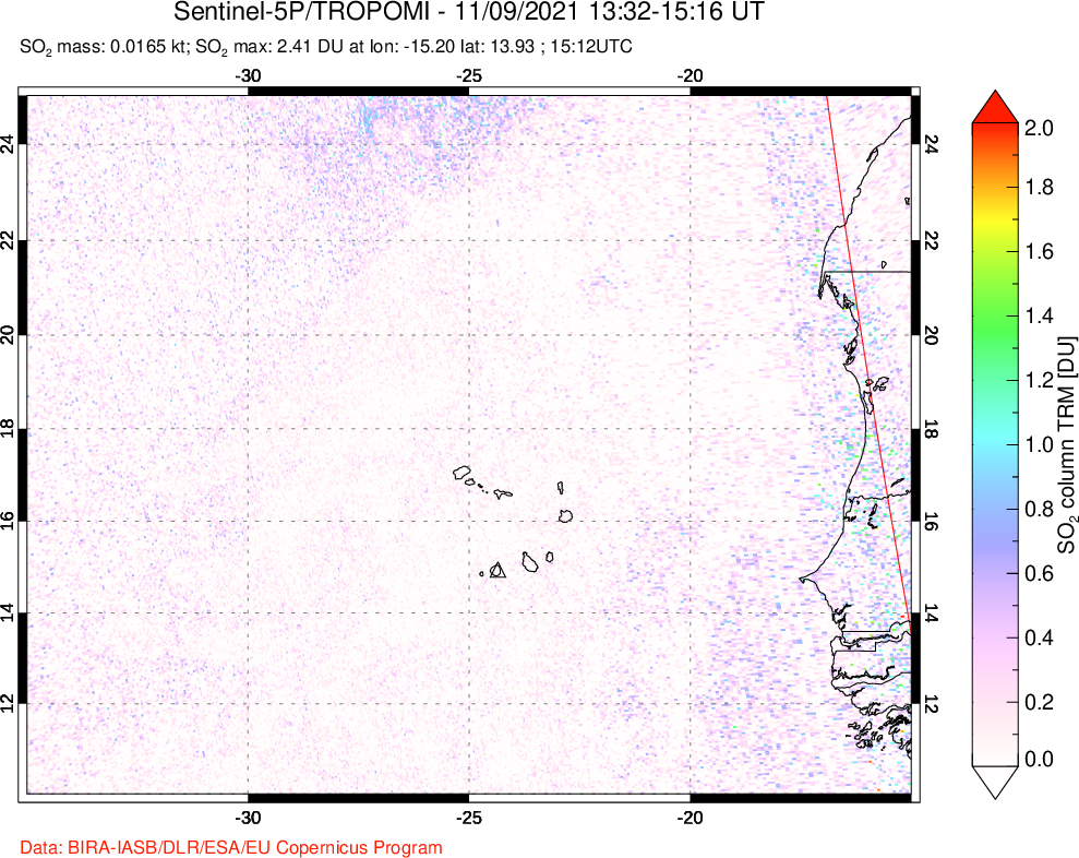 A sulfur dioxide image over Cape Verde Islands on Nov 09, 2021.