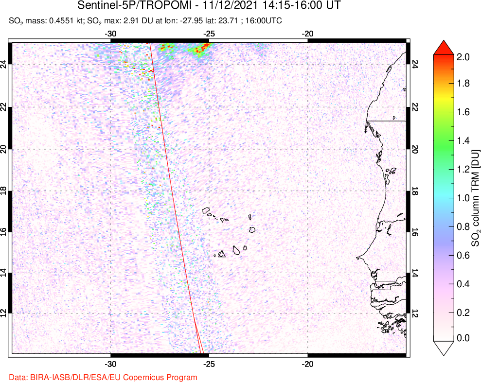 A sulfur dioxide image over Cape Verde Islands on Nov 12, 2021.