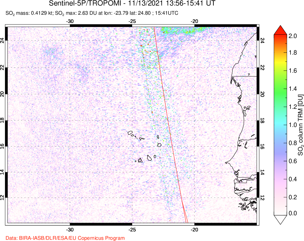 A sulfur dioxide image over Cape Verde Islands on Nov 13, 2021.