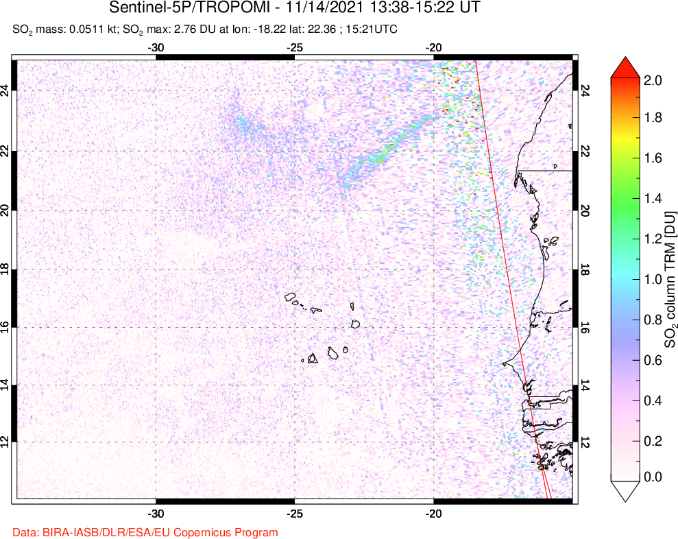 A sulfur dioxide image over Cape Verde Islands on Nov 14, 2021.
