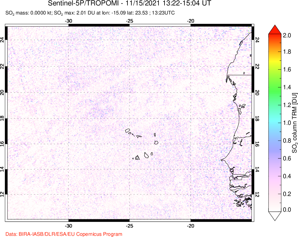 A sulfur dioxide image over Cape Verde Islands on Nov 15, 2021.